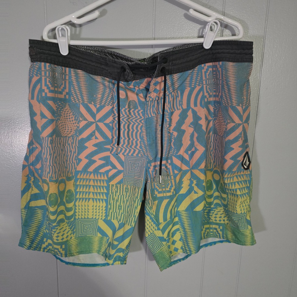 Volcom Board Shorts Mens 38‎ Multi Color Geometric Print Stoneys Swim Trunks